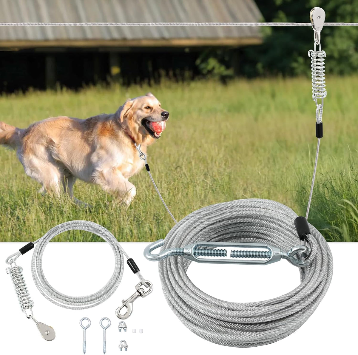Dog Runner for Yard, Outdoor Dog Run - Silver / 200FT+10FT
