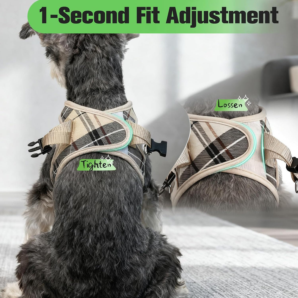 EXPAWLORER Plaid Small Dog Harness and Leash Set with AirTag Holder - Khaki / Large - image 3