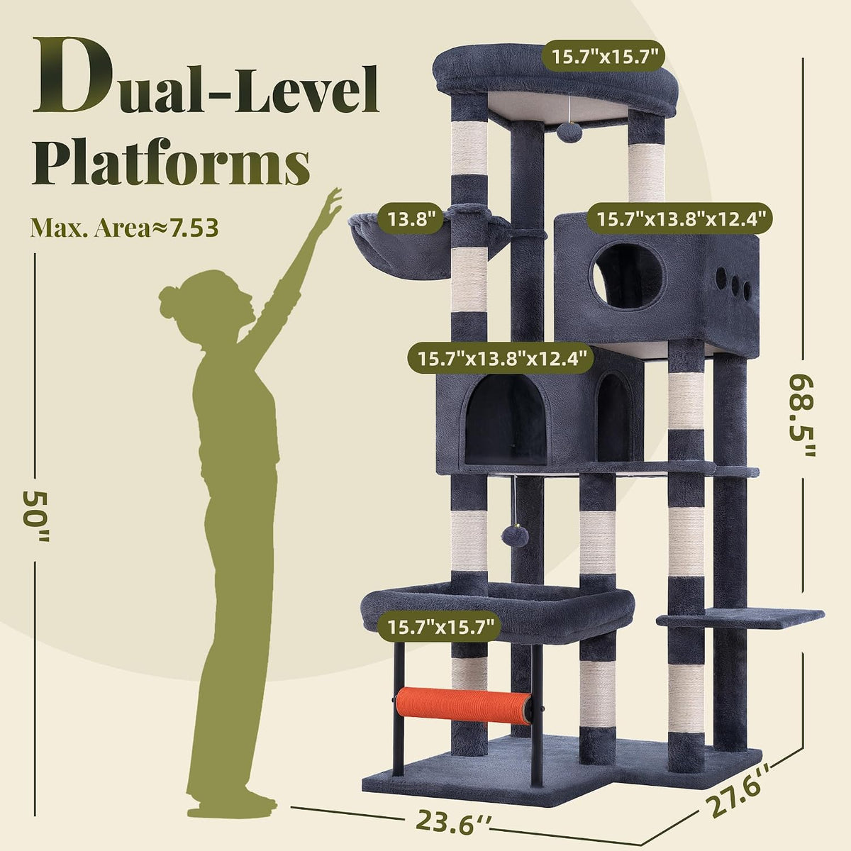 Hey-brother Cat Tree, Sturdy Tower with Sisal-Wrapped Columns - 68.5 inches / Smoky Gray - image 2