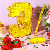 Sratte gold foil number piñata set with gold blindfold, piñata stick and bag of confetti - view 22