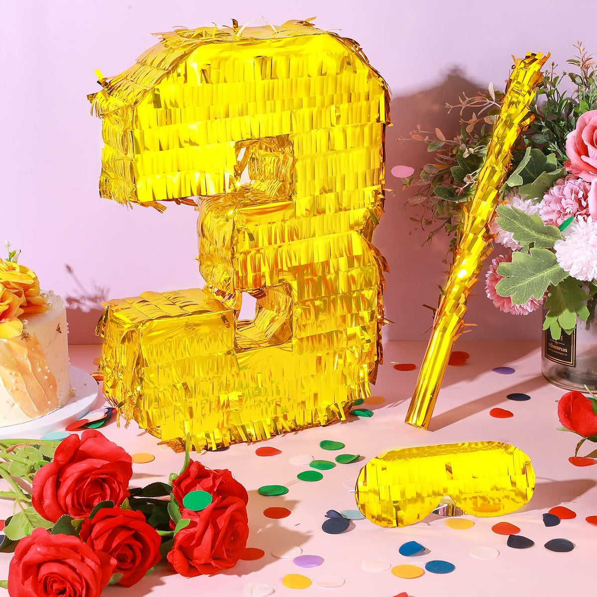 Sratte gold foil number piñata set with gold blindfold, piñata stick and bag of confetti - view 22
