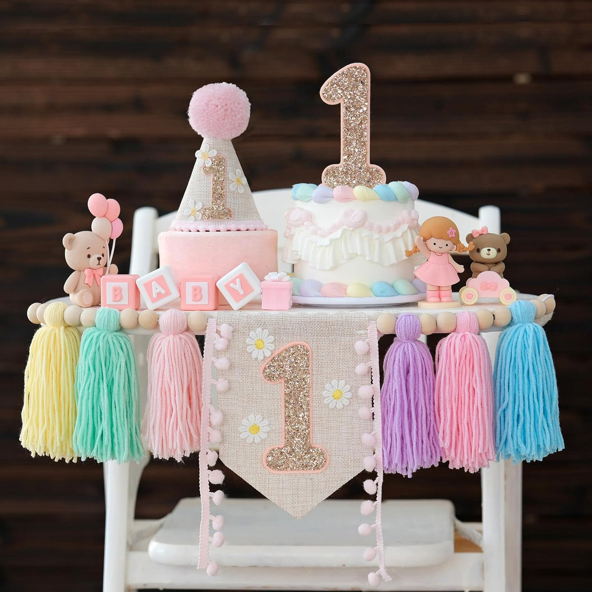 First Birthday Decorations for Boy Blue One Year Old High Chair - Macaron