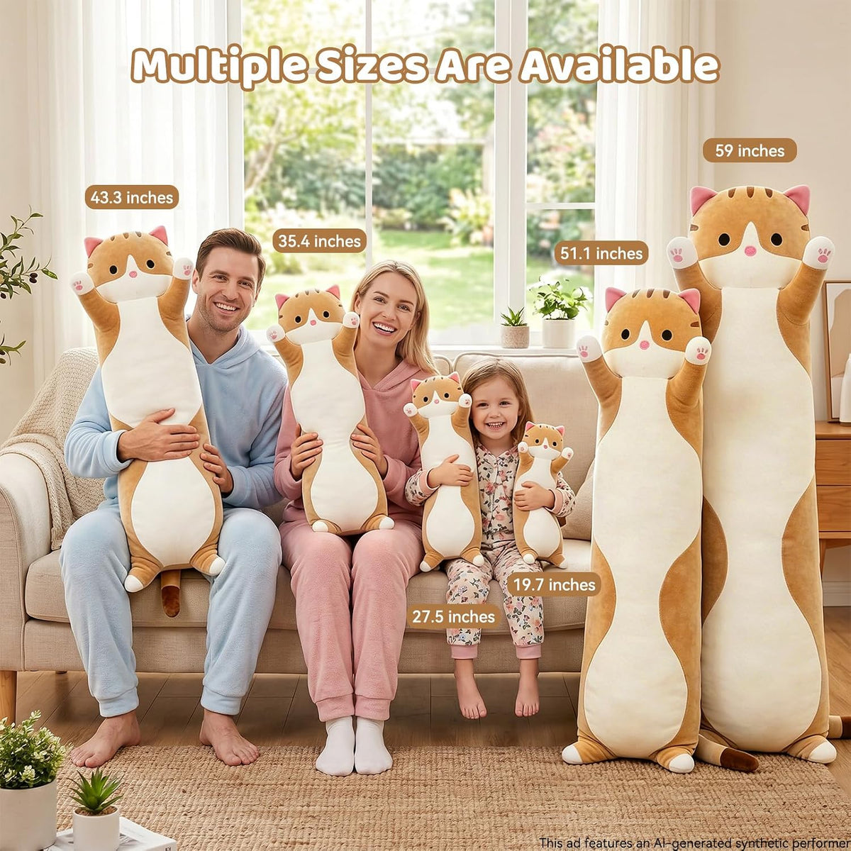 Cute Long Cat Plush Body Pillow, Soft Stuffed Animals 19.7 Inch – Fun for Kids & Family - Brown / 43.3 inches - image 2