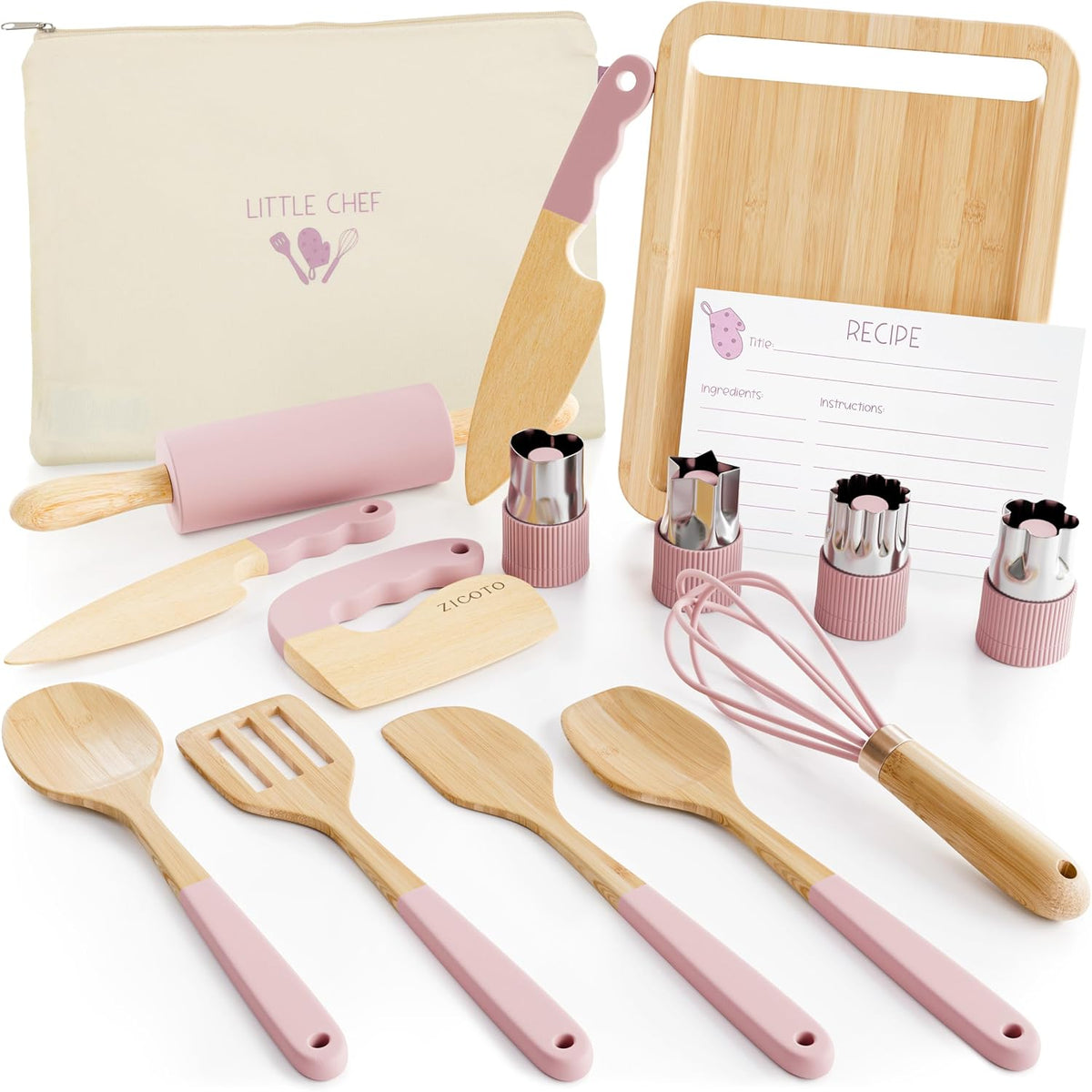 ZICOTO wooden kids cooking and baking set with knives, rolling pin, whisk and spatulas in sage - view 2