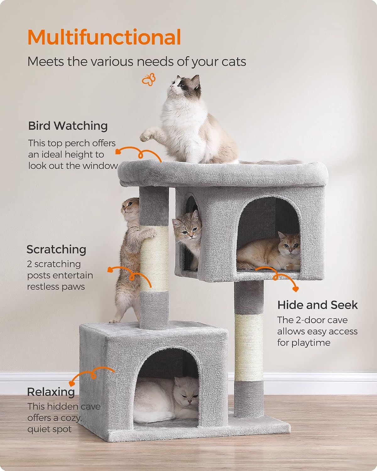 Feandrea Cat Tree, Plush Kitten Condo - XL (26.8"L x 18.9"W x 40.6"H) / Light Gray - image 4