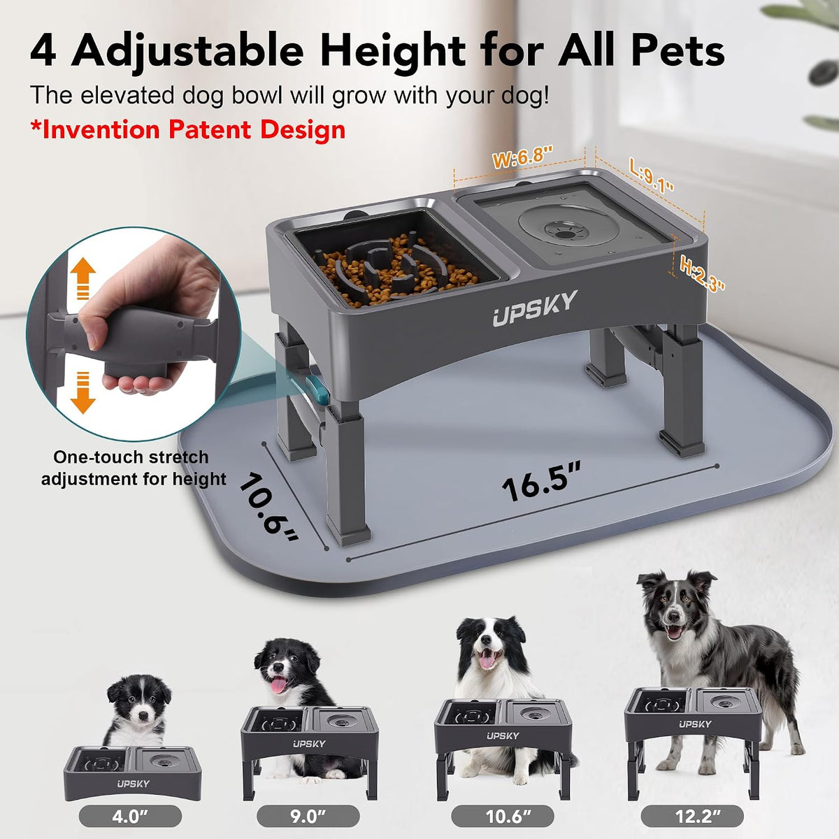 UPSKY 2-in-1 Elevated Dog Bowls Set with 4 Height Adjustable Stand - N-3 in 1 with Mat (Grey) - image 3