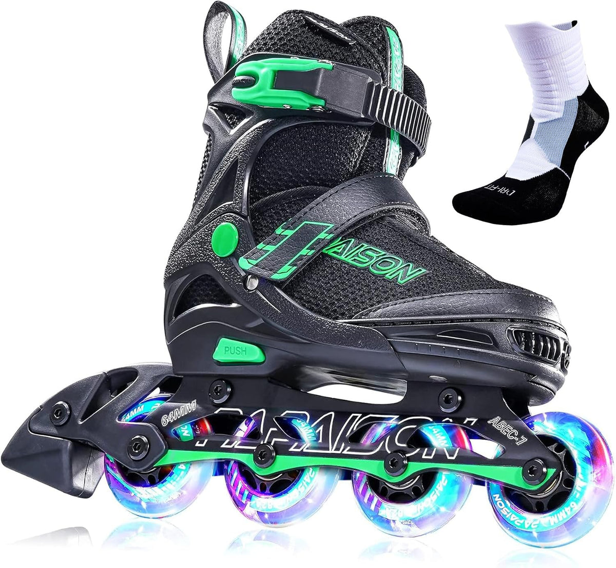 PAPAISON Adjustable Inline Skates for Kids and Adults with Full Light - D green / X-Large - Adult (9-12Women/7-10.5Men)