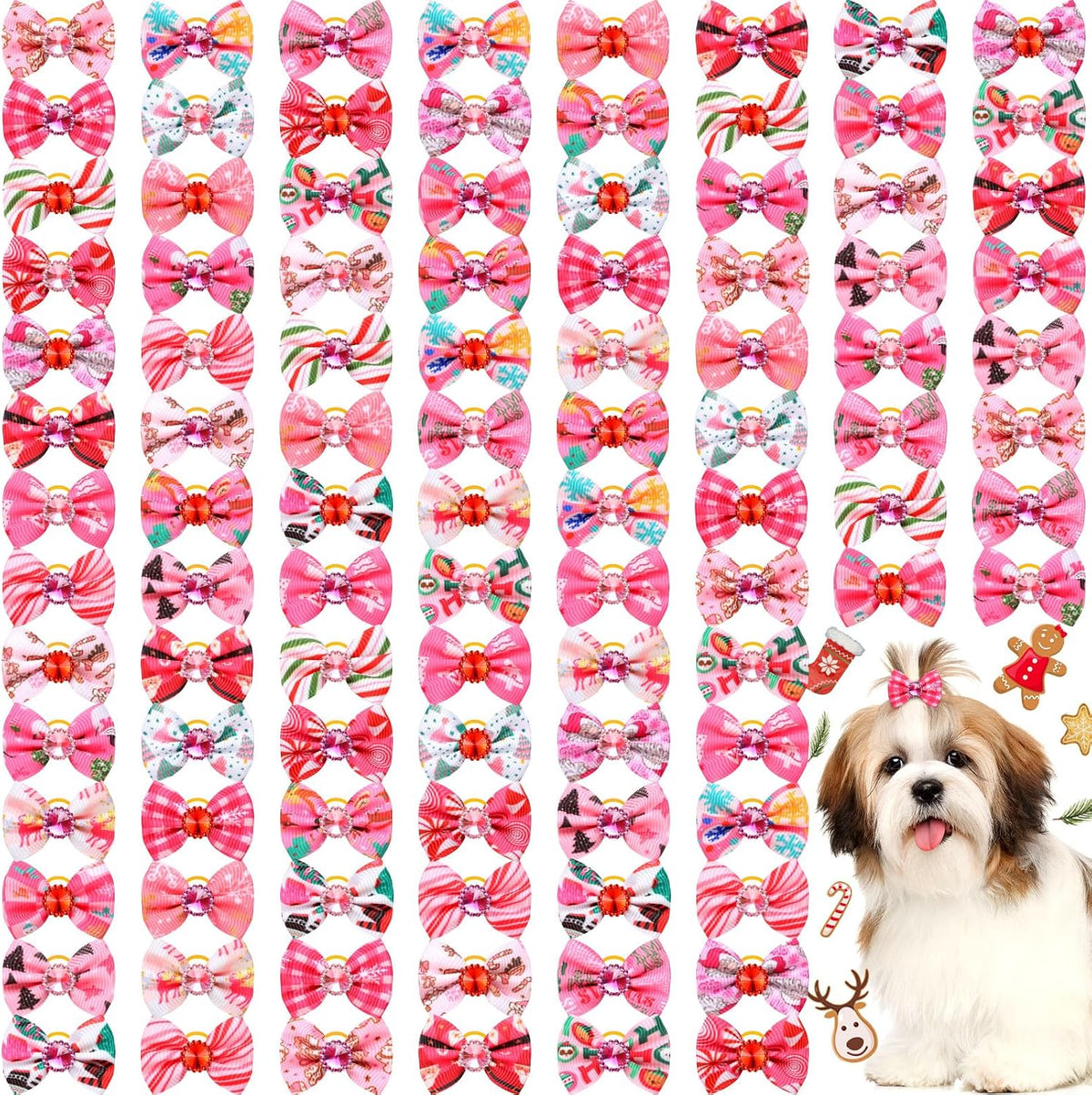 Tondiamo 100 Pack Halloween Dog Hair Bows Ghost Pattern Rubber Bands – Essentials for Dogs - Pink Christmas