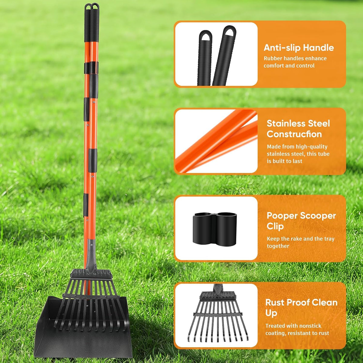 Pooper Scooper, Long Handle Dog Poop Scooper for Medium Small Dogs – Essentials for Dogs - Orange / Extra Large - image 4