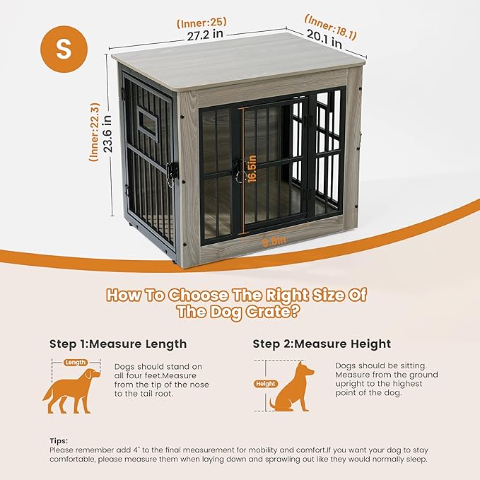 Gardner Pet Dog Crate Furniture for Small Dog, 27.2 Inches Dog Kennel Indoor, Wooden Dog Cage End Table, Heavy Duty Dog Crates, Rustic Grey