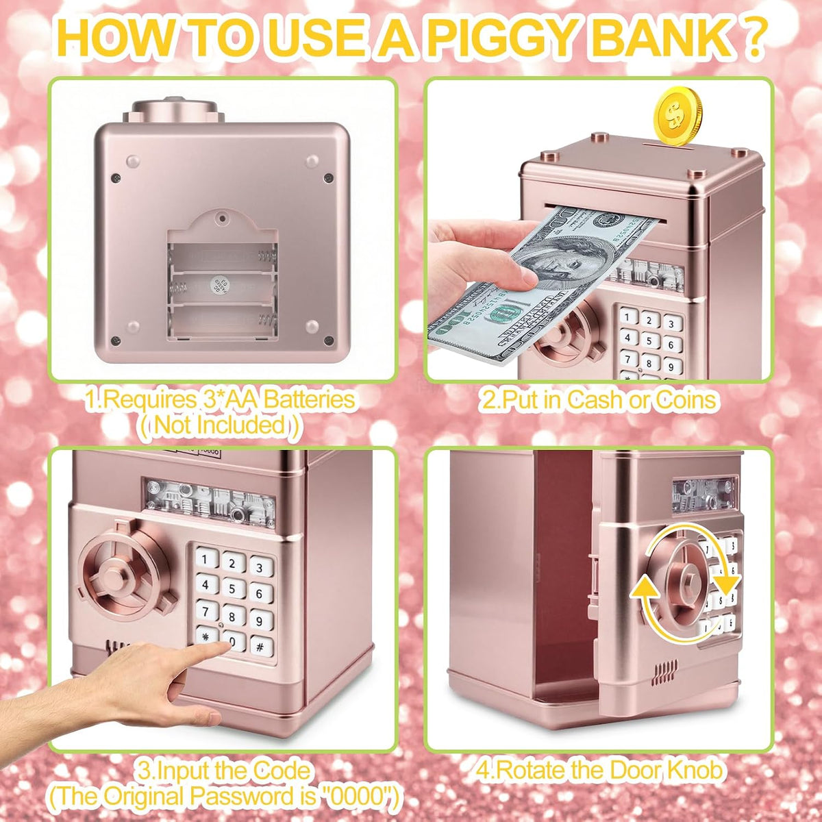 Piggy Bank for Kids Girls Boys with Password Code Lock Cash Coin Can - Rose Gold（without Sitcker） - image 4
