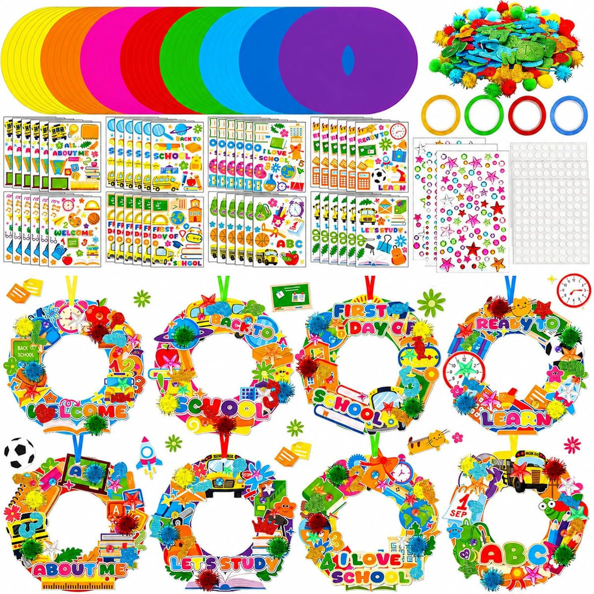 Hollowfly Thanksgiving paper wreath craft kits with gem stickers, ribbons and wool balls - view 9