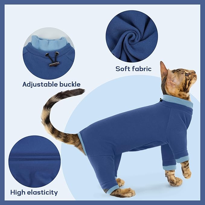 PUMYPOREITY Cat Recovery Suit, Stops Wound Licking After Surgery, Sticky Hair Shirt with Sticky Fabric, Cat Pajamas Prevents Over-Grooming, Blue, XS
