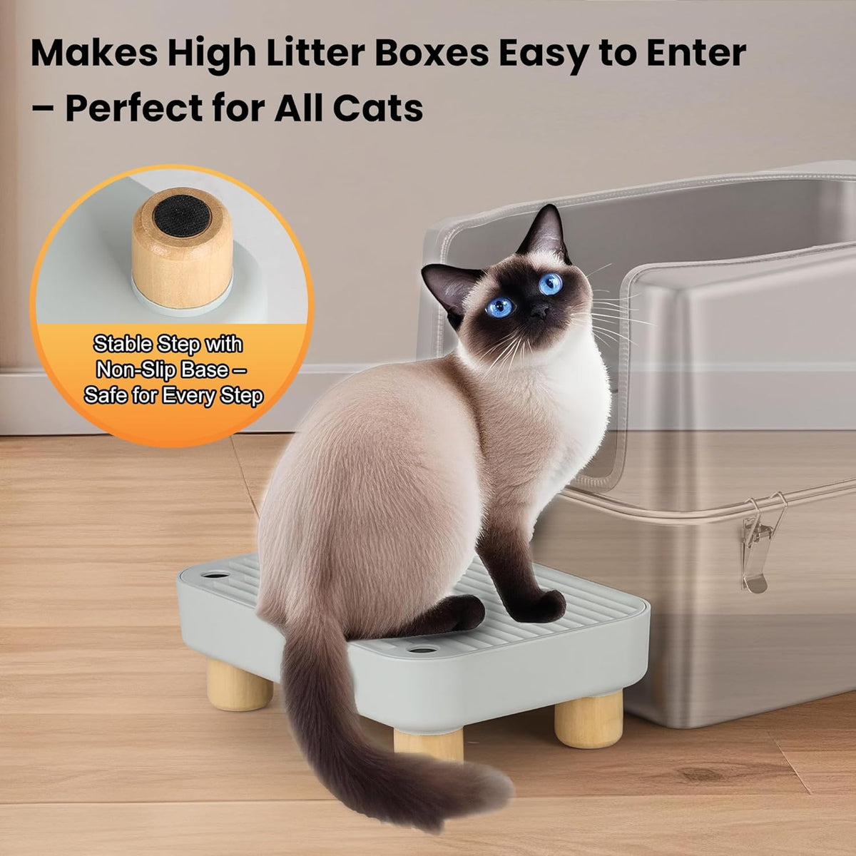 Litter Box Step, Litter Box Ramp/Catcher with Wooden Base - Light Gray - image 4
