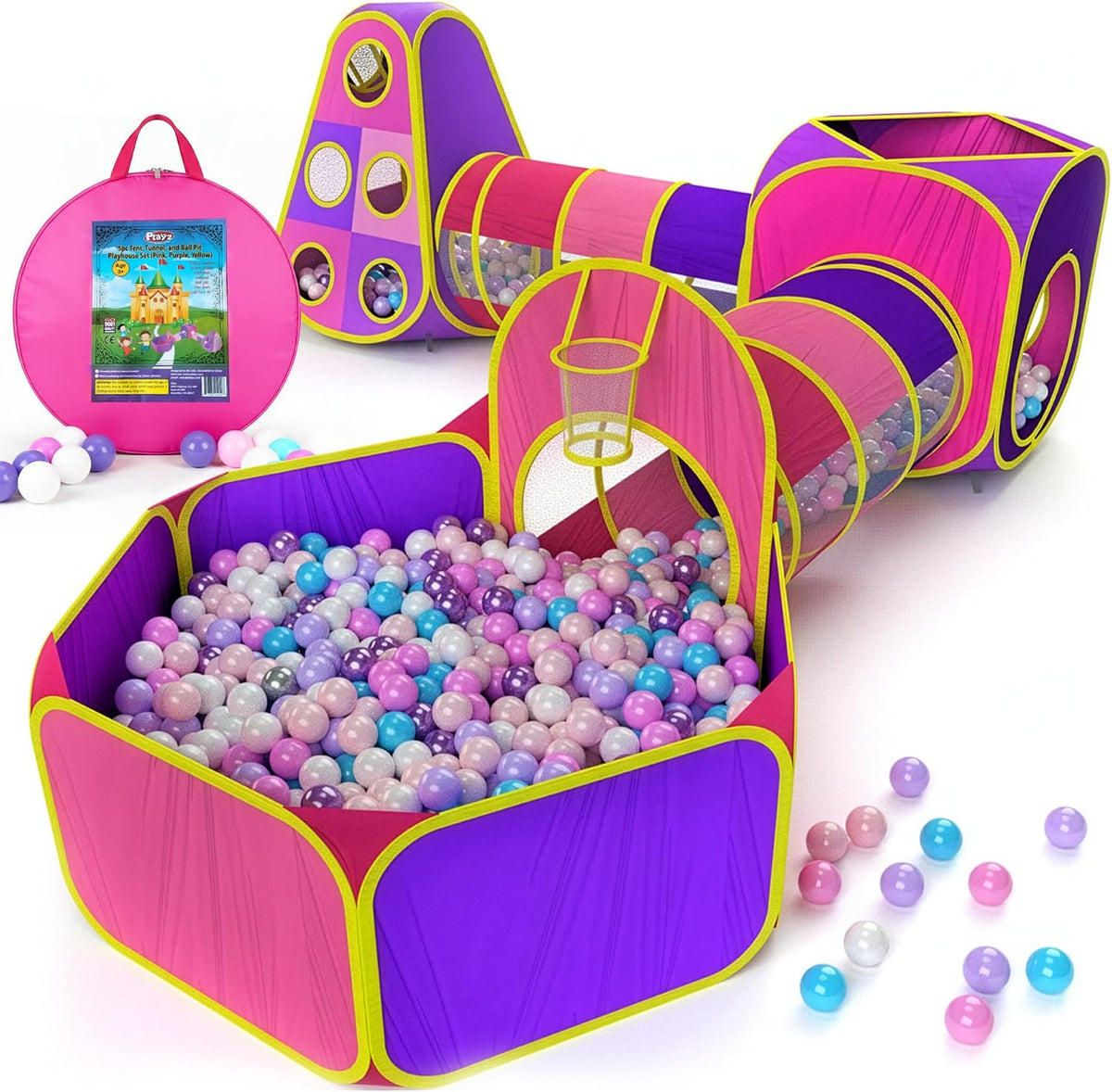 Playz 5pc Pop Up Play Tent and Crawl Through Tunnels for Kids w/Carry - Pink, Purple and Yellow