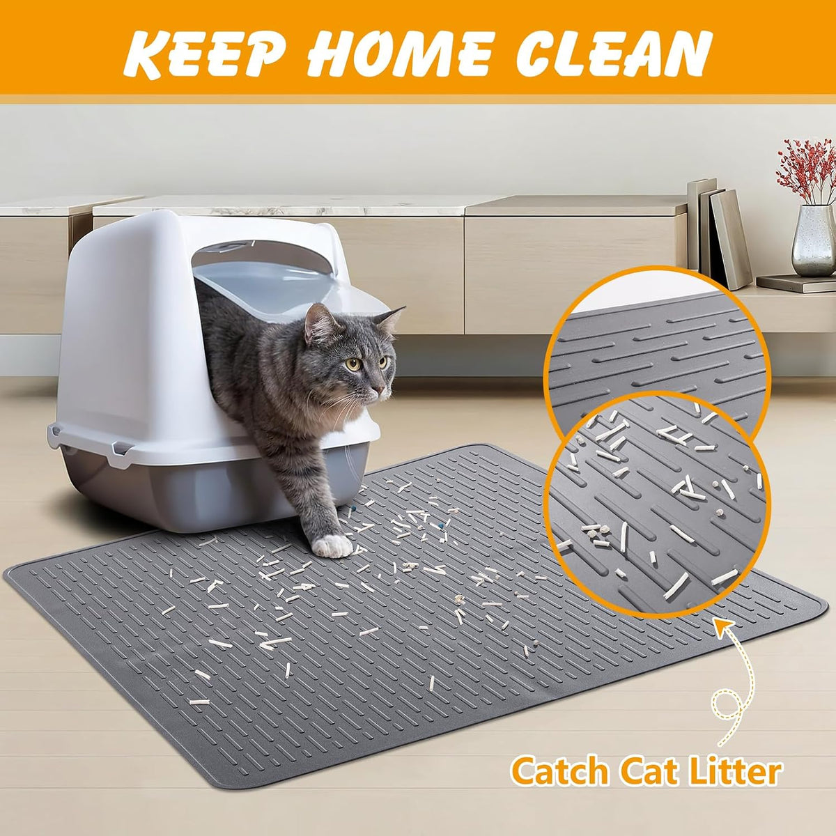 Silicone Cat Litter Mat, Waterproof, Raised Edge, Gray - 28"L x 20"W - image 2