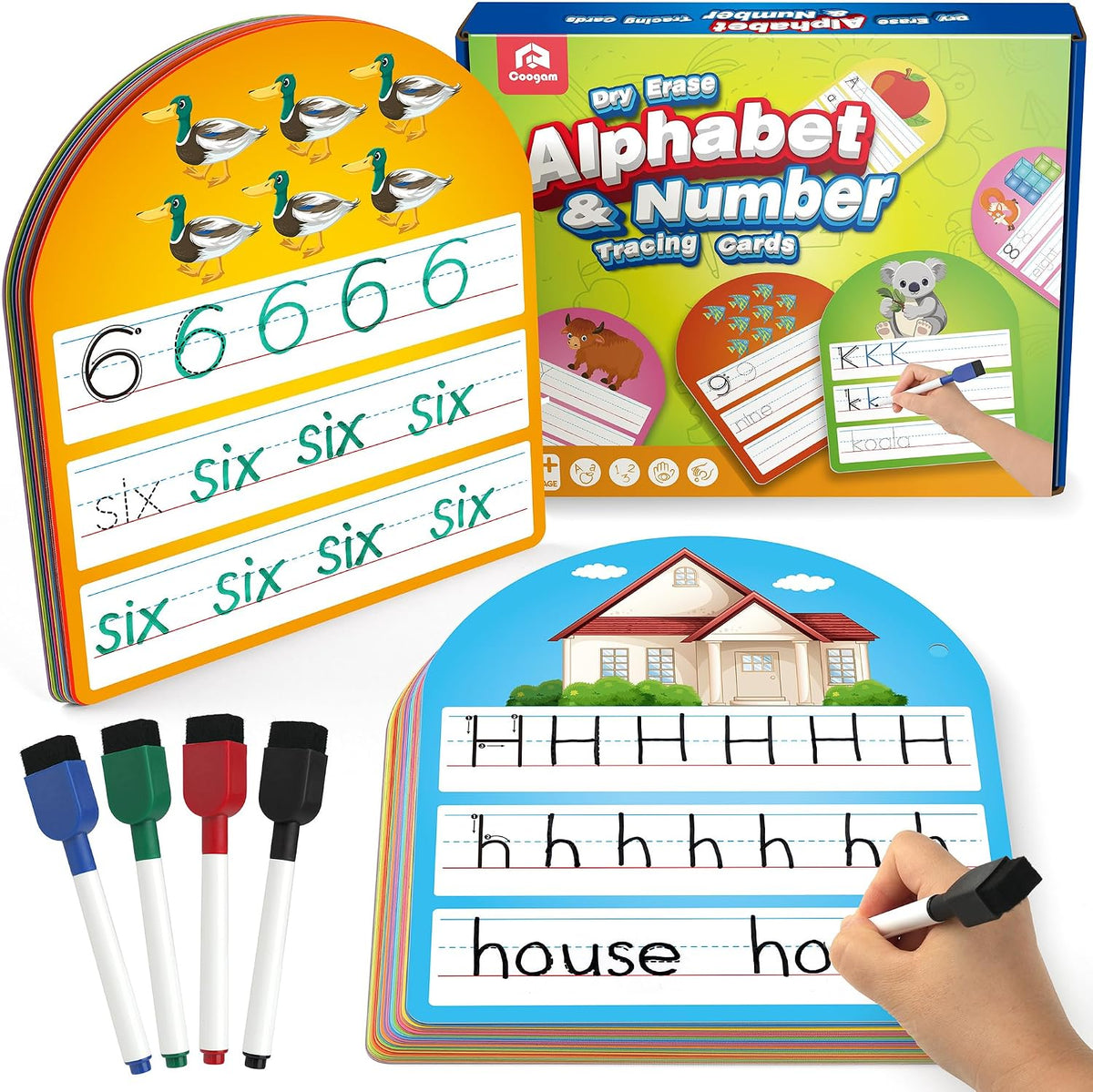 Coogam handwriting practice copybook with alphabet and number tracing pages and dry-erase markers