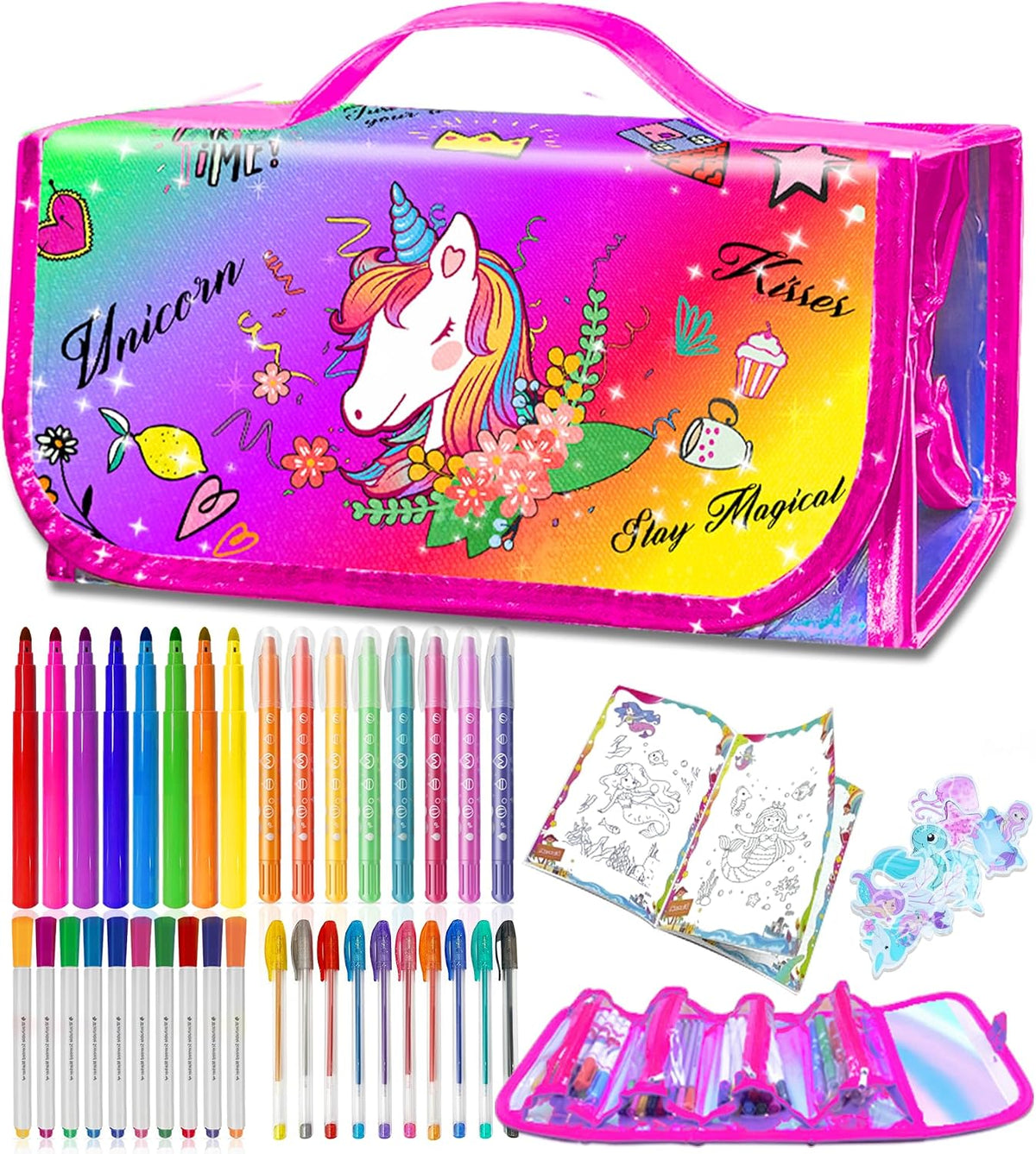 weirtoya 56 PCS Washable Scented Markers Set with Glitter Pencil Case - Rainbow Unicorn