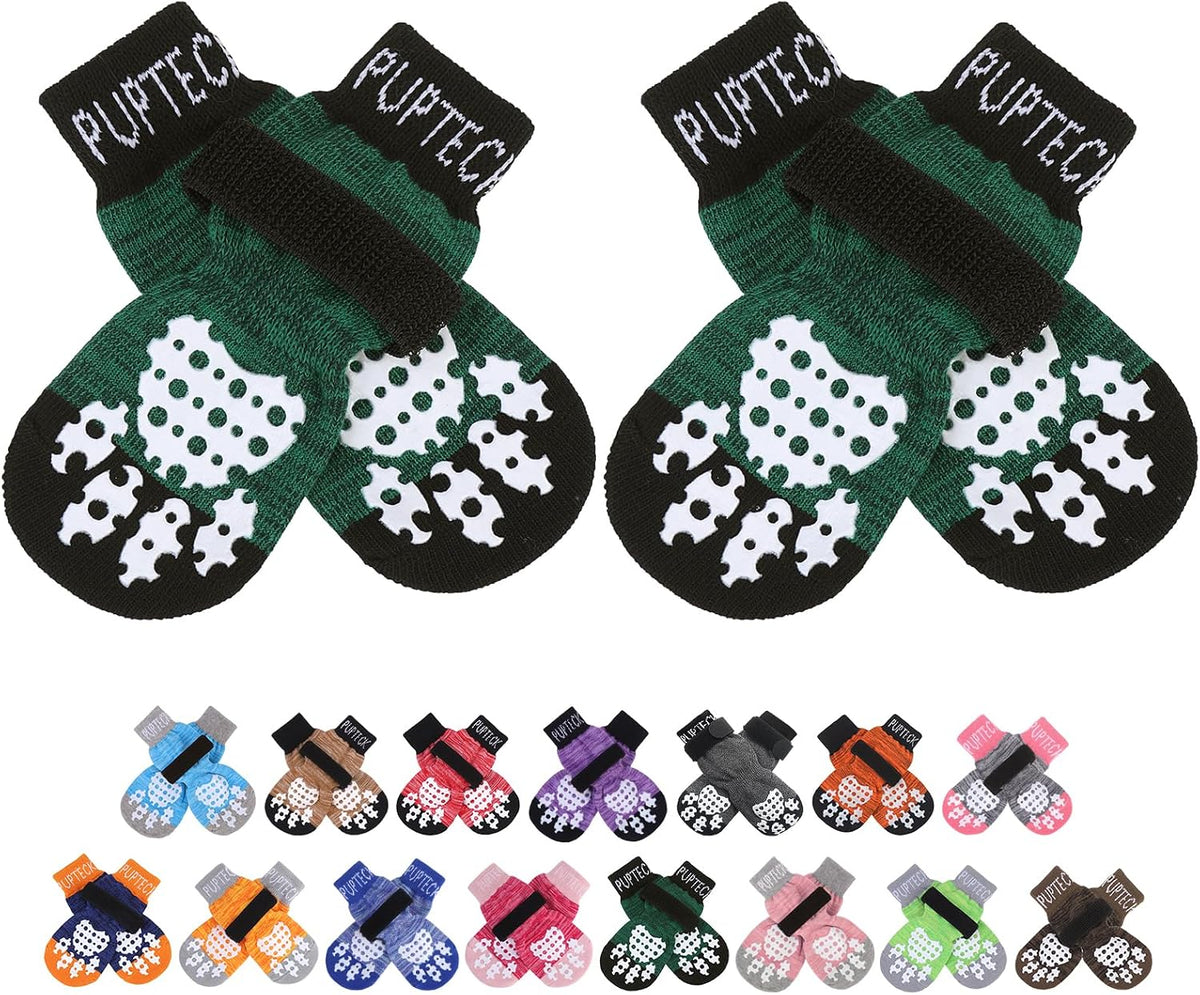PUPTECK Anti-Slip Dog Socks with Double Sides Grips for Small Medium - Dark Green / X-Large (4 Count)