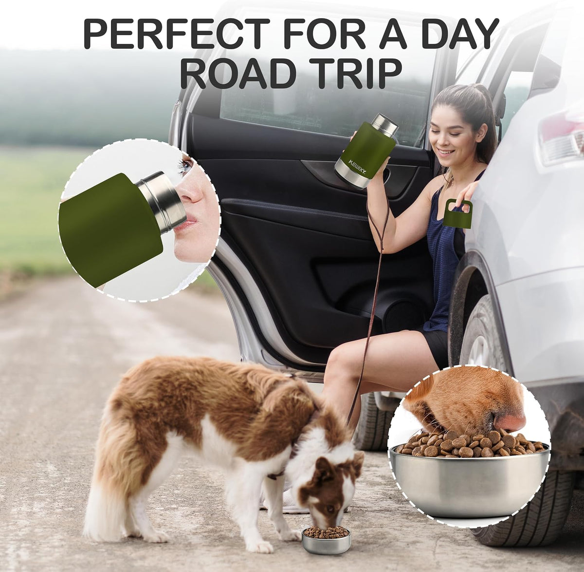 KEWIXY Insulated Dog Travel Water Bottle with Detachable Bowls - Olive Green / 32 Oz - image 3