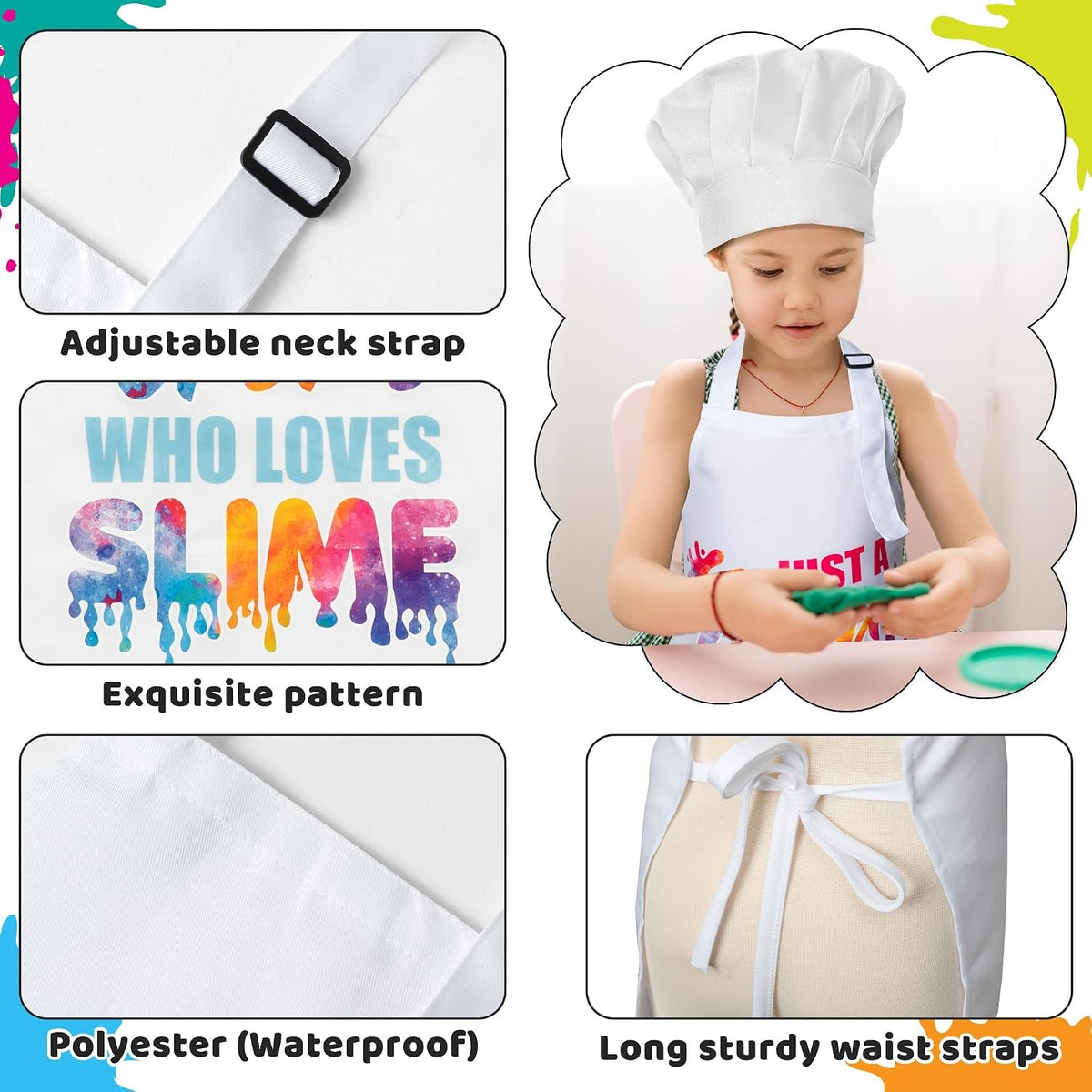 4Pcs Kids Apron and Chef Hat Set Gift for Girls Boys - Slime - image 3