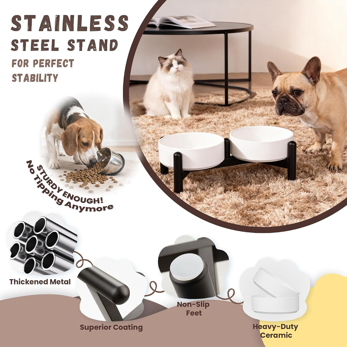 Raised Ceramic Dog Bowl Set with Stand - White / 2 Bowls - 2.1 Cups Each - image 3