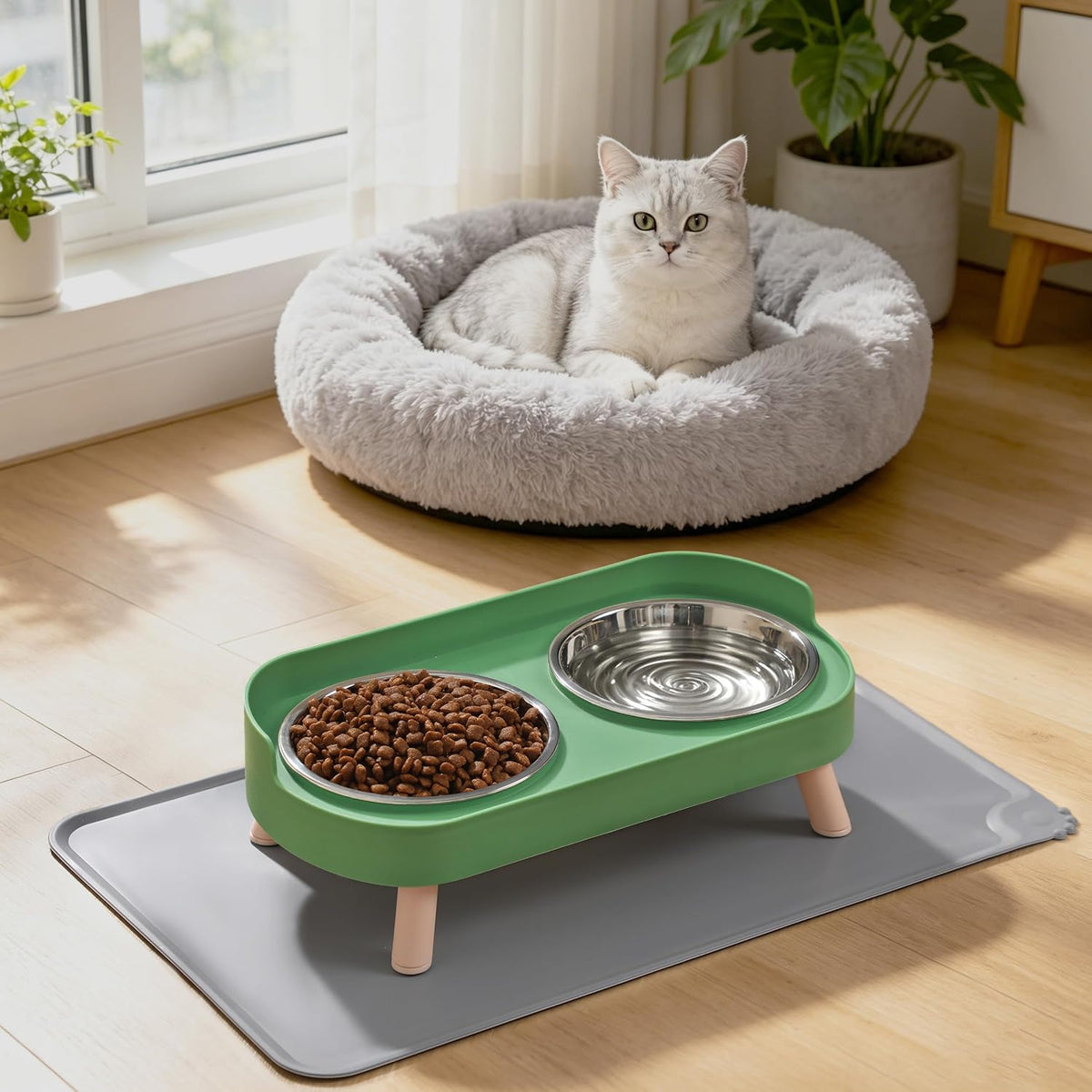 Elevated Cat Bowls Set - Raised Cat Food and Water Bowl Set with Non Slip Stand - Pet Feeding - Green - image 4