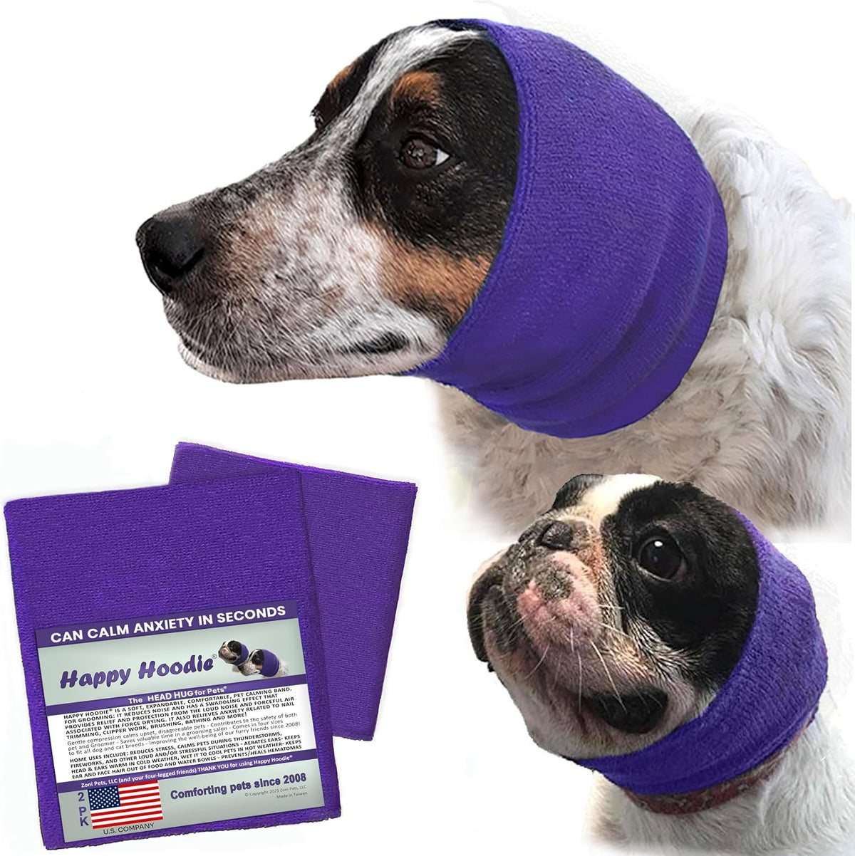 Happy Hoodie 2 Pack Dog and Cat Calming Band for Noise and Anxiety - Purple — 2-Pack: Small + (Med)Large