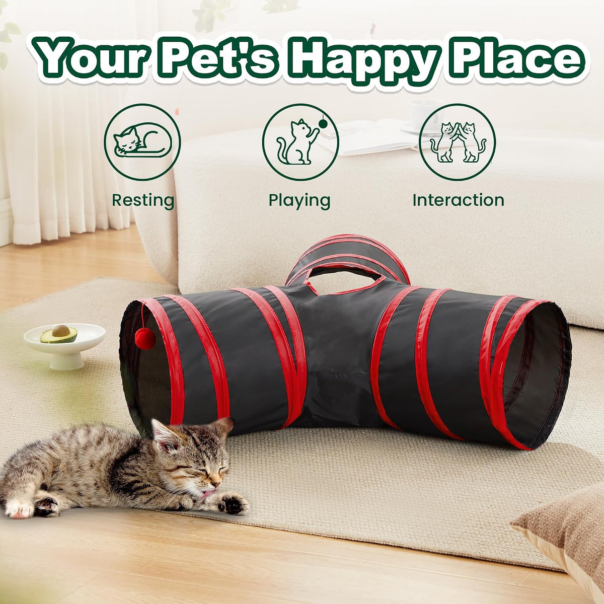 Love's cabin Cat Tunnel for Indoor Cats - Black&Red / S (23.6"x13"x11") - image 3