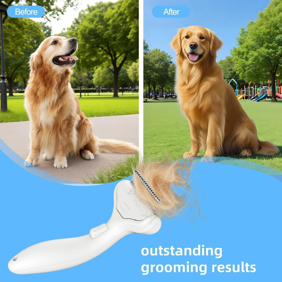Undercoat Rake for Dogs & Cats, Self‑Clean Deshedding Brush - Creamy-White - image 3