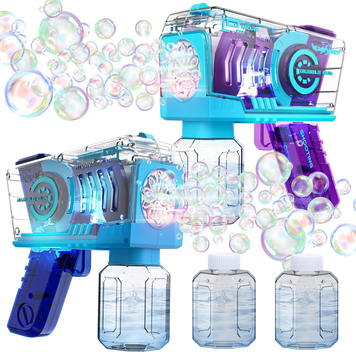 EagleStone 2 Packs Automatic Bubble Machine Guns with 4 Bottles - Blue，purple