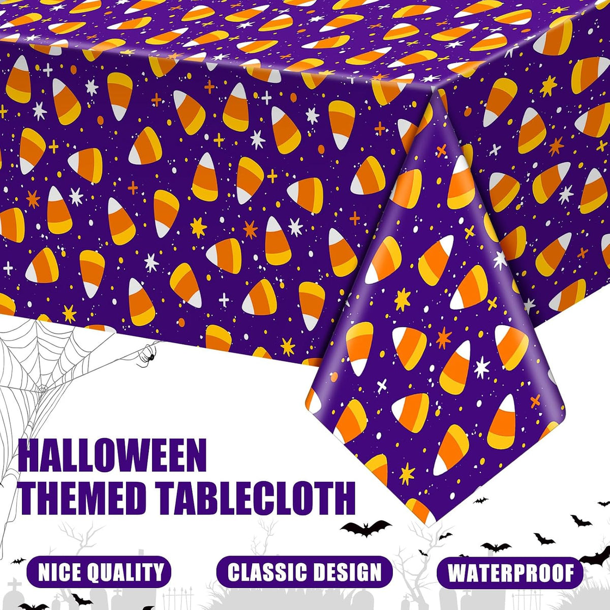 Newwiee 3 pack Halloween plastic tablecloths with candy corn print, 108 x 54 inches - view 12
