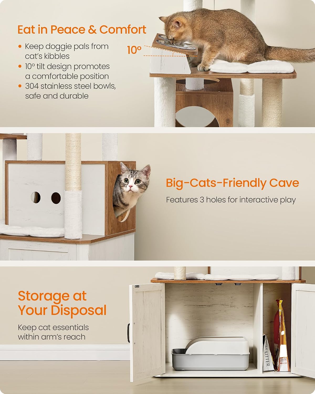 Feandrea Cat Tree, 66.9-Inch Cat Tower with Litter Box Enclosure – Essentials for Cats - Rustic White + Honey Brown - image 4
