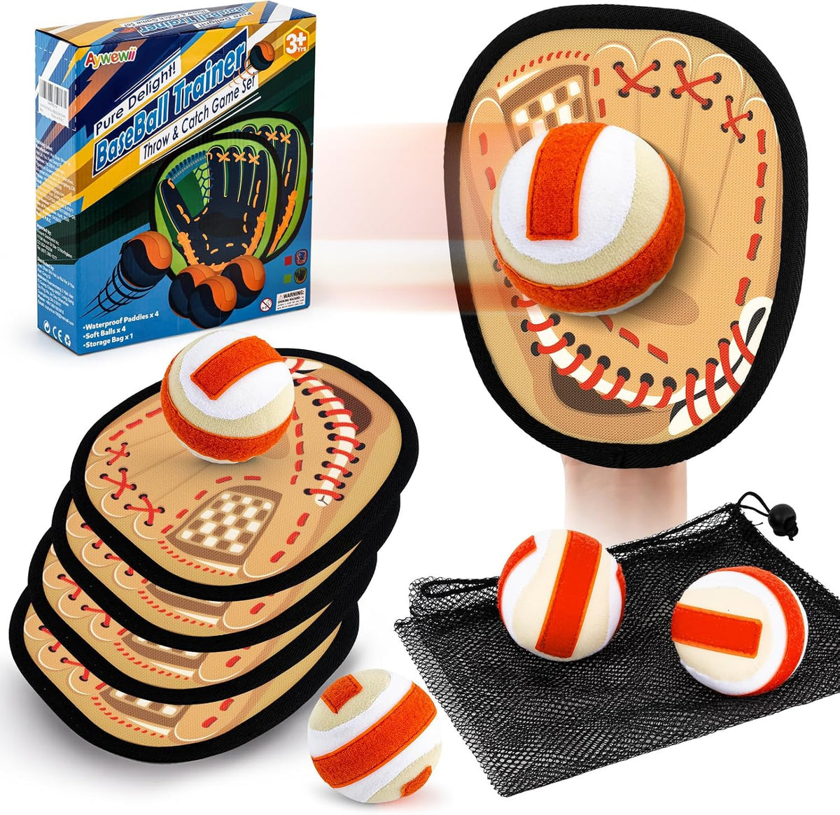 Aywewii toss and catch game with sticky hook and loop paddles and soft balls