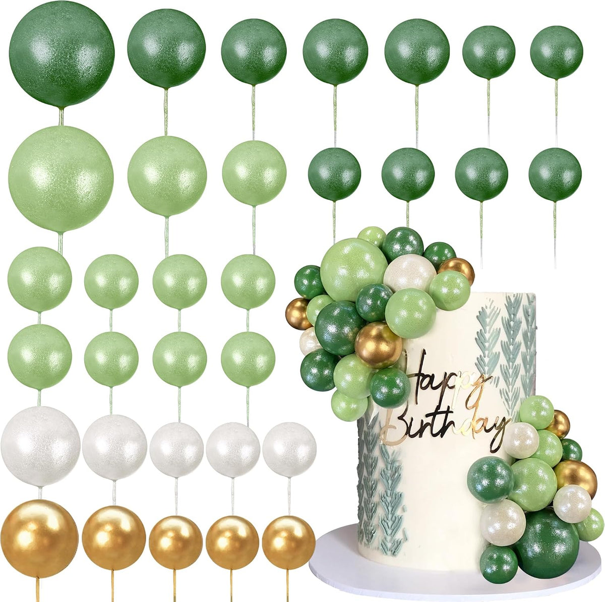 32 PCS Colorful Ball Shaped Cake Topper Pearl Balls Cupcake Cake - Green White Gold
