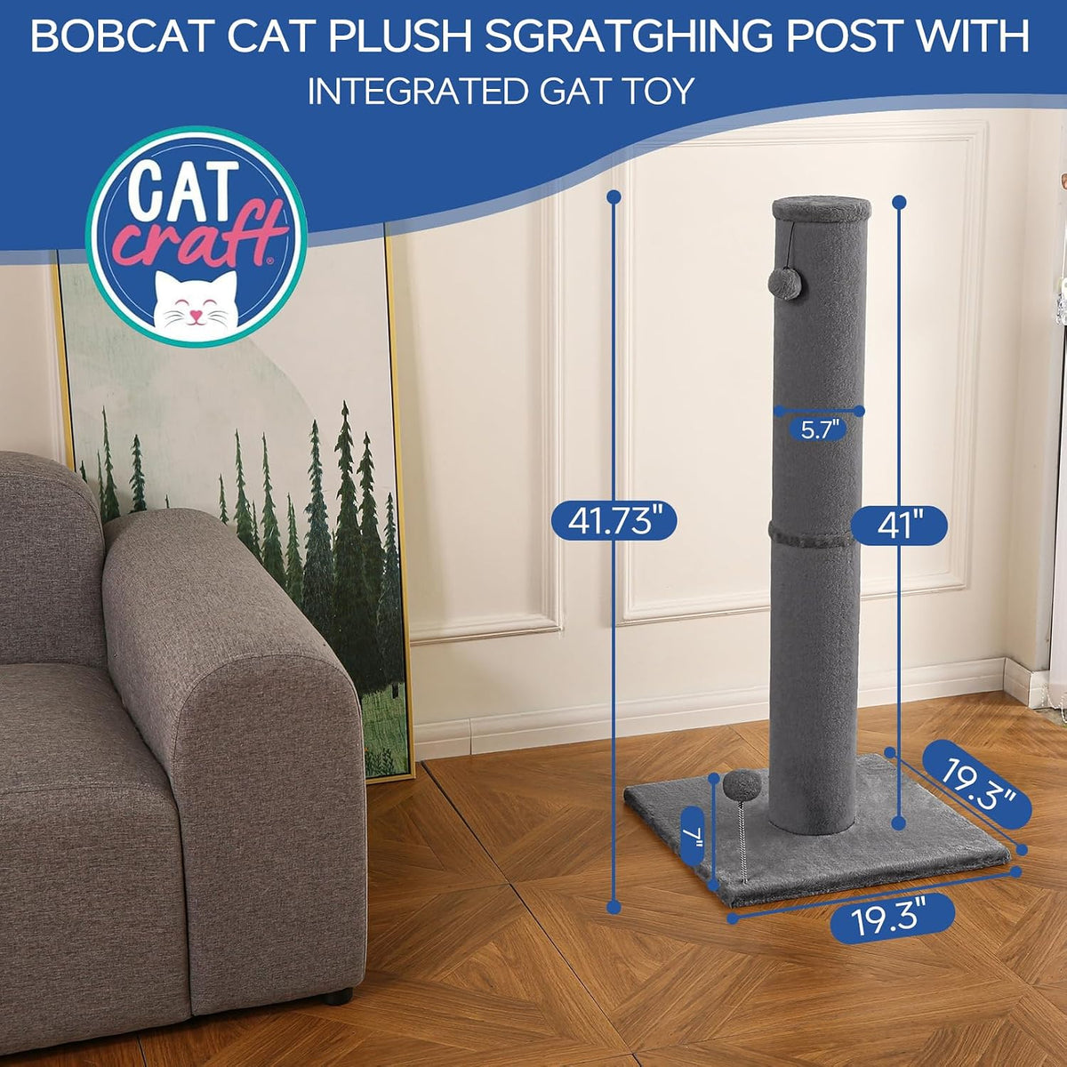Cat Craft 41" Tall Short Plush Cat Scratching Post for Indoor Cats - Gray / Classic Carpet - image 3