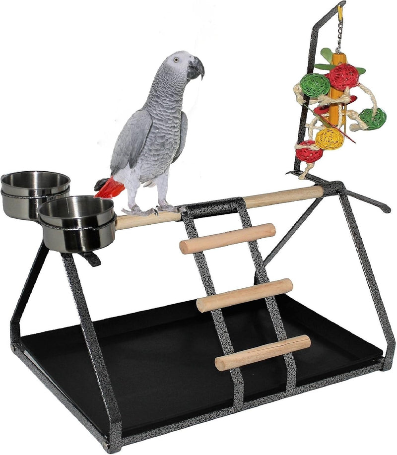 Parrot Bird Perch Table Top Stand Metal Wood 2 Steel Cups Play