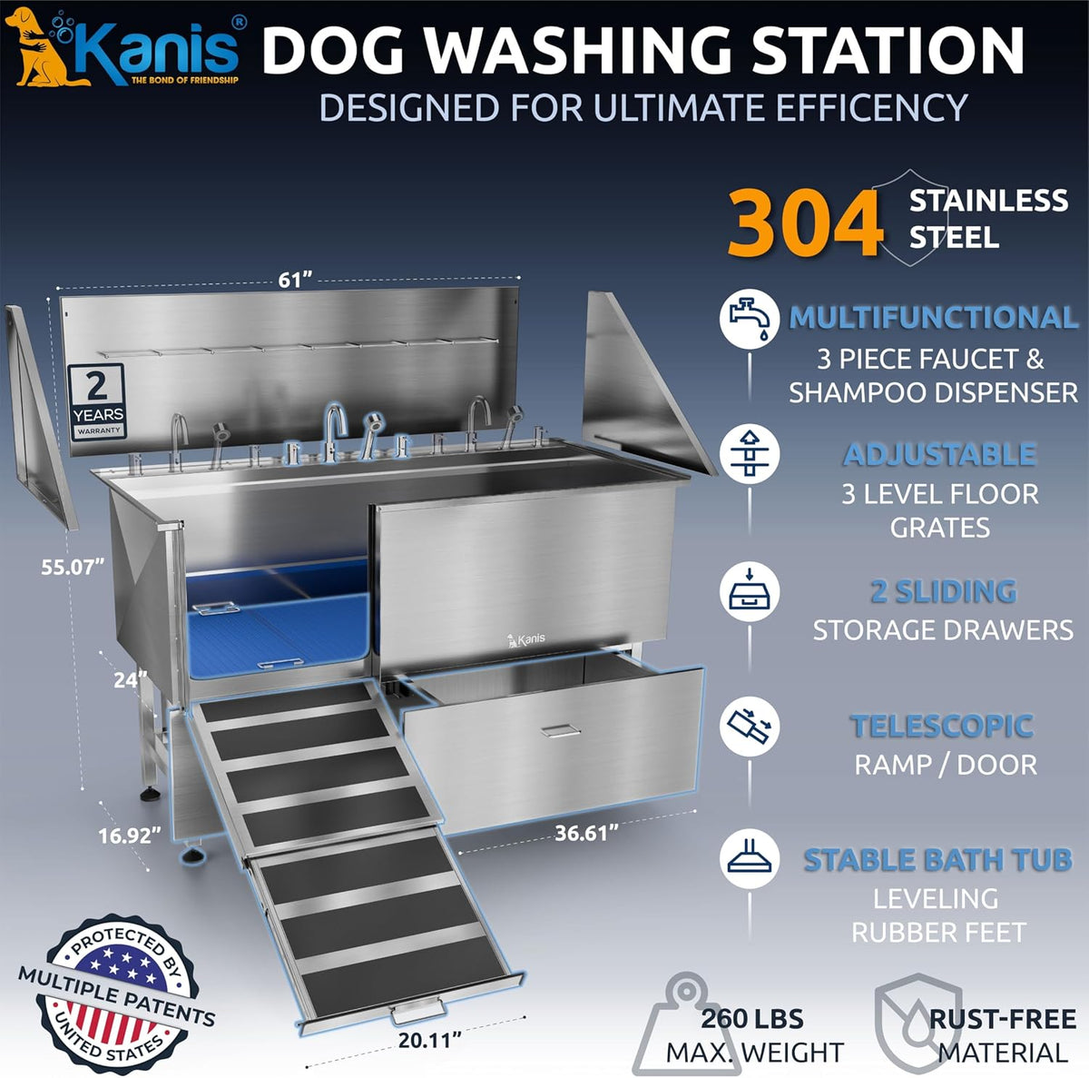 Professional Dog Washing Station 304 Stainless Steel Pets Grooming Tub – Essentials for Dogs - Silver, Left Ramp, 2 Drawer / 61 Inches - image 2