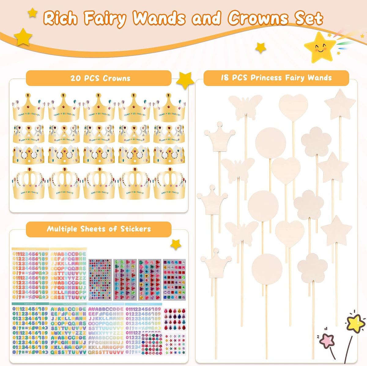 Pllieay princess fairy wands craft kit with 18 unfinished wooden wands and diamond stickers - view 7