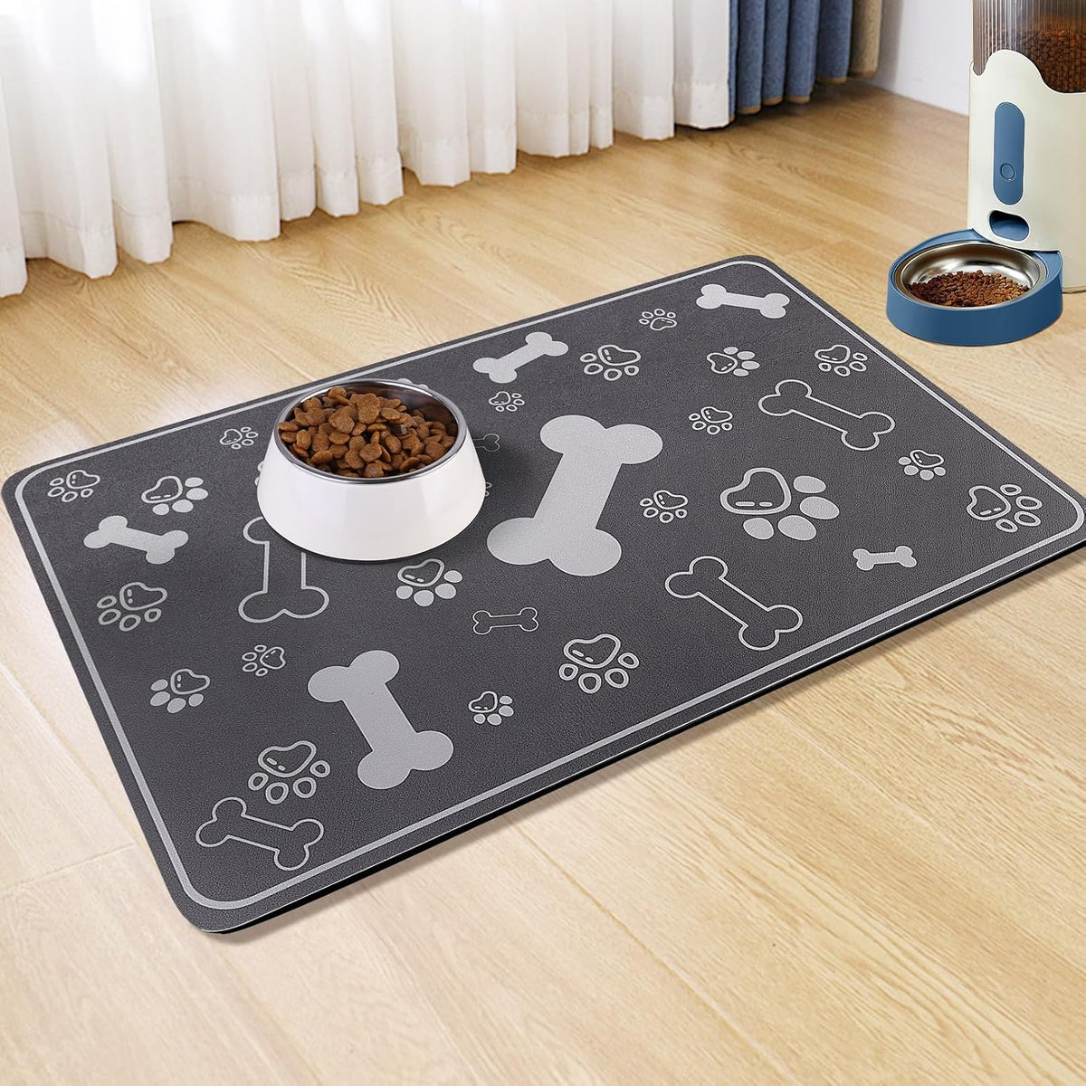 Dog Cat Food Mat, Rapid Absorbent Pet Feeding Mat - 29"L x 17"W / Square Dark Grey