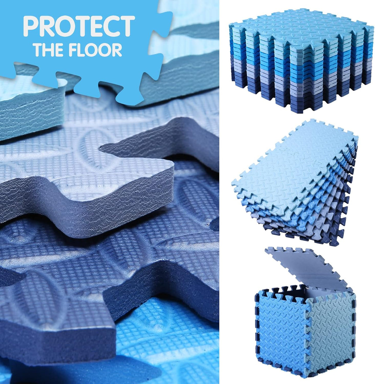 16 Tiles Foam Play Mat, Soft & Safe EVA Foam Mats for Floor - Dark Blue/Gray Blue/Light Blue/Blue - image 3