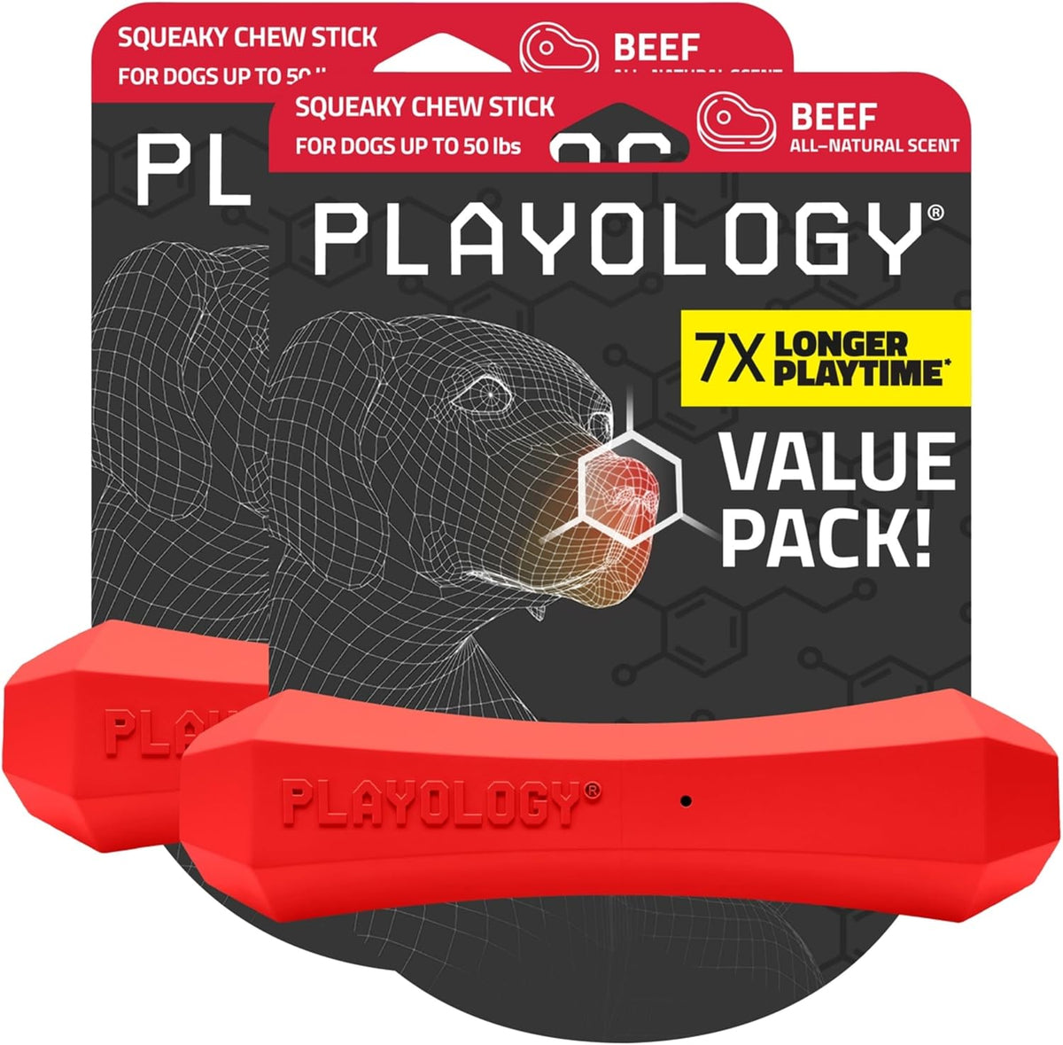 Playology Squeaky Chew Stick Scented Dog Toy - Medium (VALUE 2-Pack) / Beef