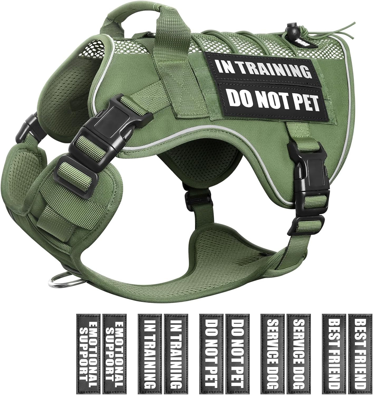 WINSEE Service Dog in Training Mesh Harness with 10 Removale Pet - Large / Green