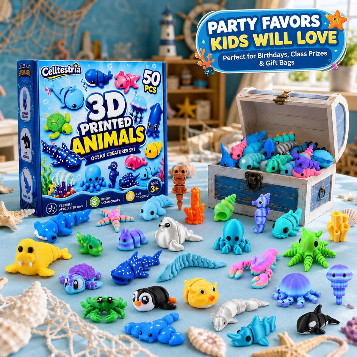 Celltestria 18PCS 3D Printed Skeleton Fidget Toys with Coffin Storage - 50Pcs 3D Ocean Animals - image 2