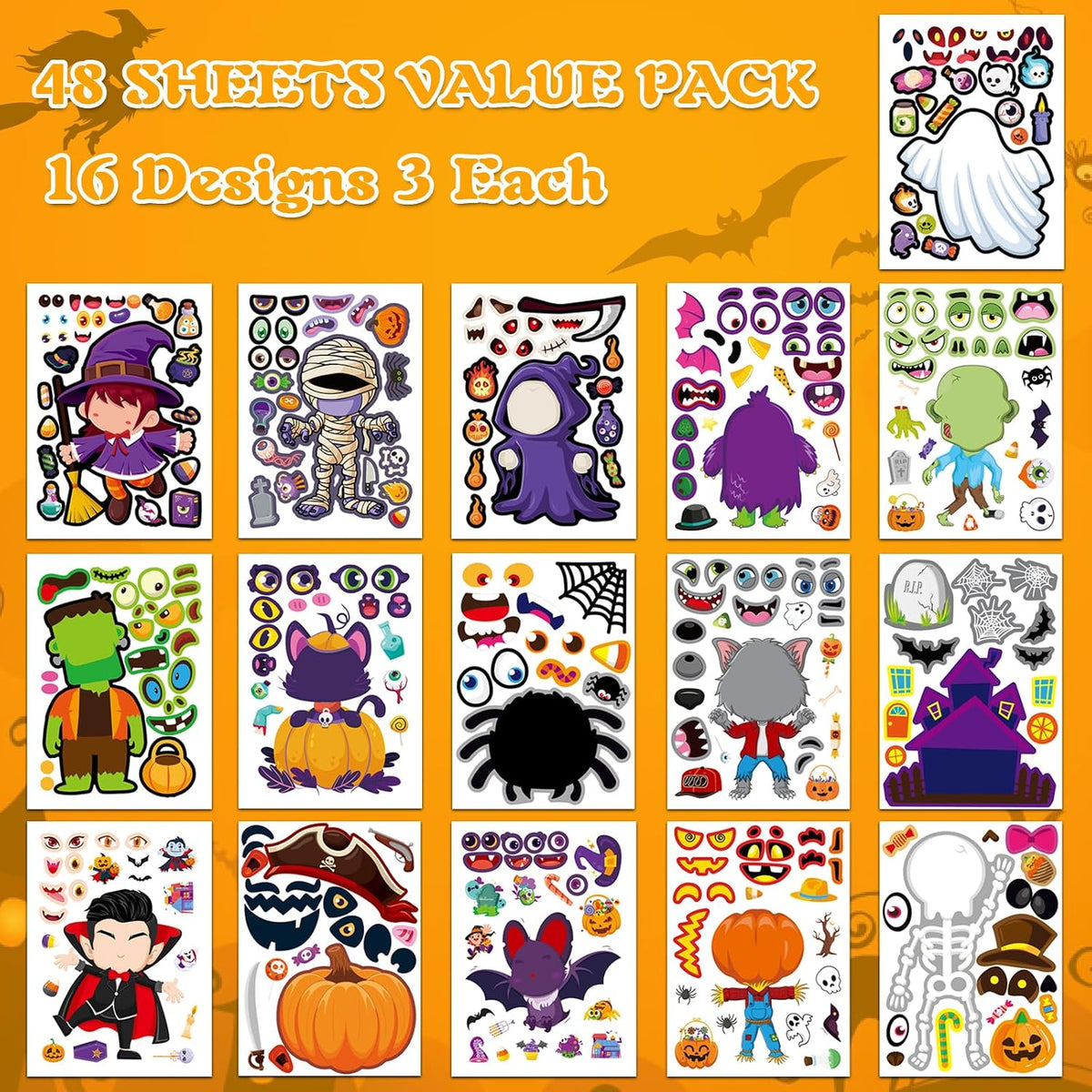Aowplc Halloween make-a-face sticker sheets with witches, pumpkins and monsters - view 6