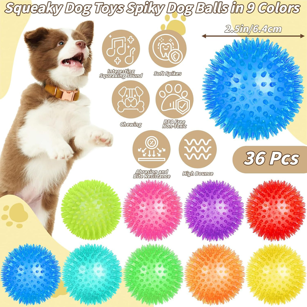36 Pcs 2.5 in Squeaky Dog Toy Balls Spiky Dog Balls Chew Toy - 2.5in / Standard – 36 Pcs - image 2