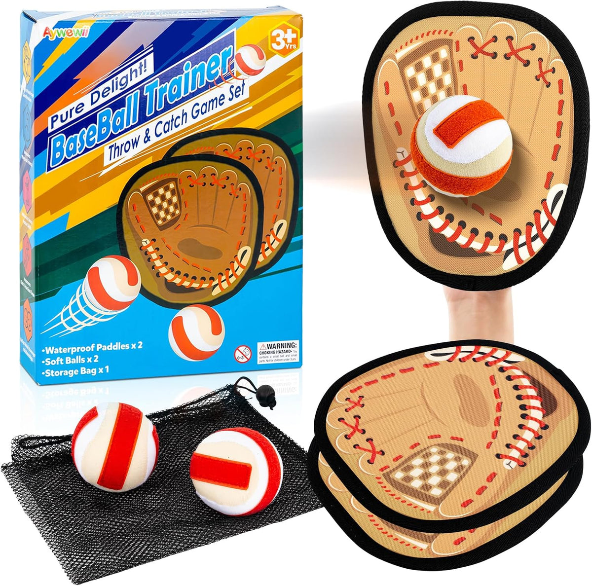 Aywewii toss and catch game with sticky hook and loop paddles and soft balls - view 4
