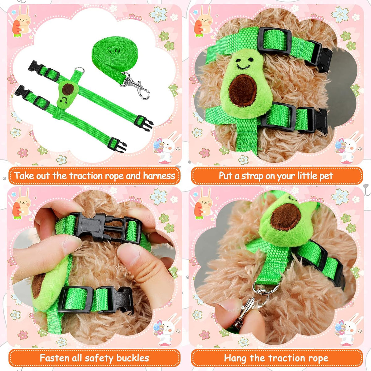Tondiamo 4 Pcs Adjustable Bunny Harness and Leash Set for Small Pet - Fruit - image 4