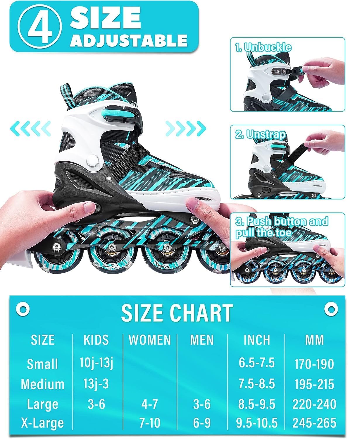 Adjustable Inline Skates for Kids Ages 4-12 – Fun for Kids & Family - Cyan / Large-Youth（3-6 US） - image 2