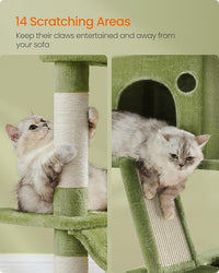 Feandrea Cat Tree, 81.1-Inch Large Cat Tower with 13 Scratching Posts, 2 Perches, 2 Caves, Basket, Hammock, Pompoms, Multi-Level Plush Cat Condo for Indoor Cats, Green UPCT190C01
